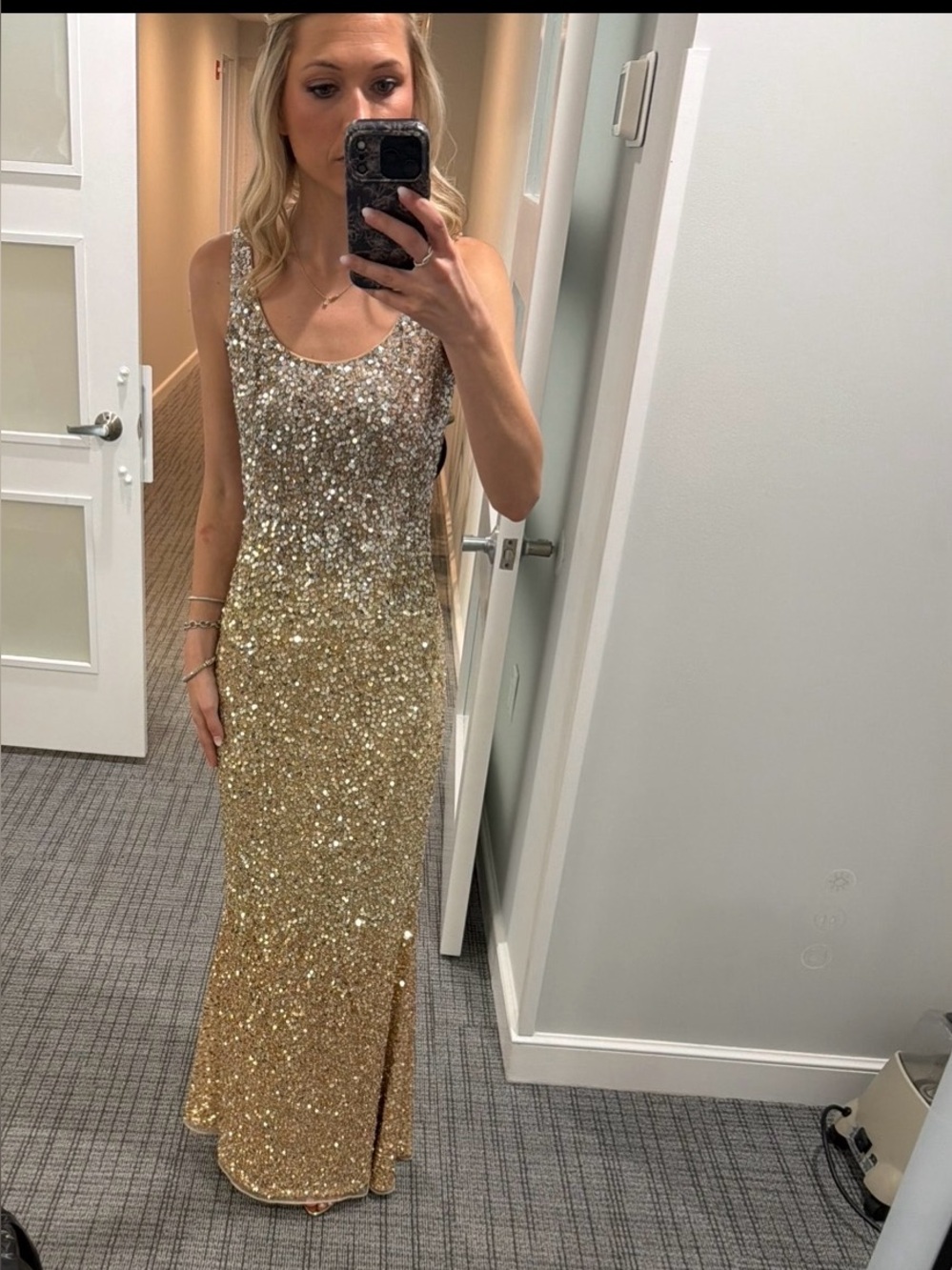 Mac Duggal Gold Sequin Ombre Scoop Neck Evening Gown